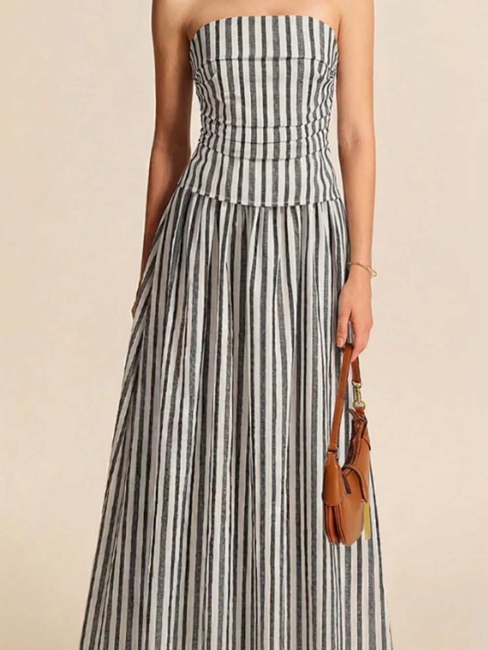 NWT Striped Strapless Cotton Linen Ruched Dress - Picture 2 of 2